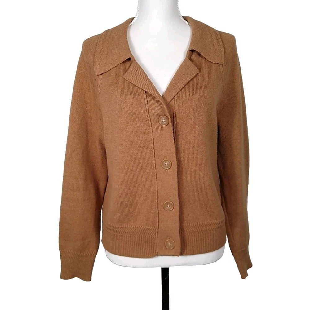 Tahari Camel Brown Button-Front Wool Blend Cardigan